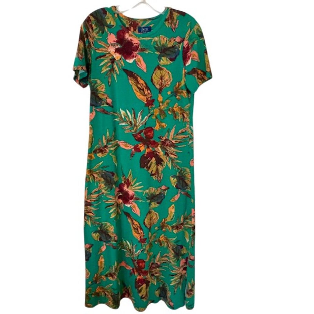 d&co Beach A-Line Short Sleeve Green Pink Burgandy Tropical Floral Maxi Dress XS